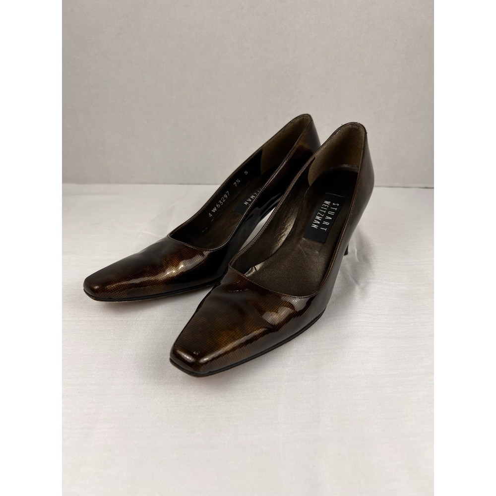 VTG Stuart Weizman Patent-Leather Tortoiseshell Square Toe Block Heel Brown 7.5